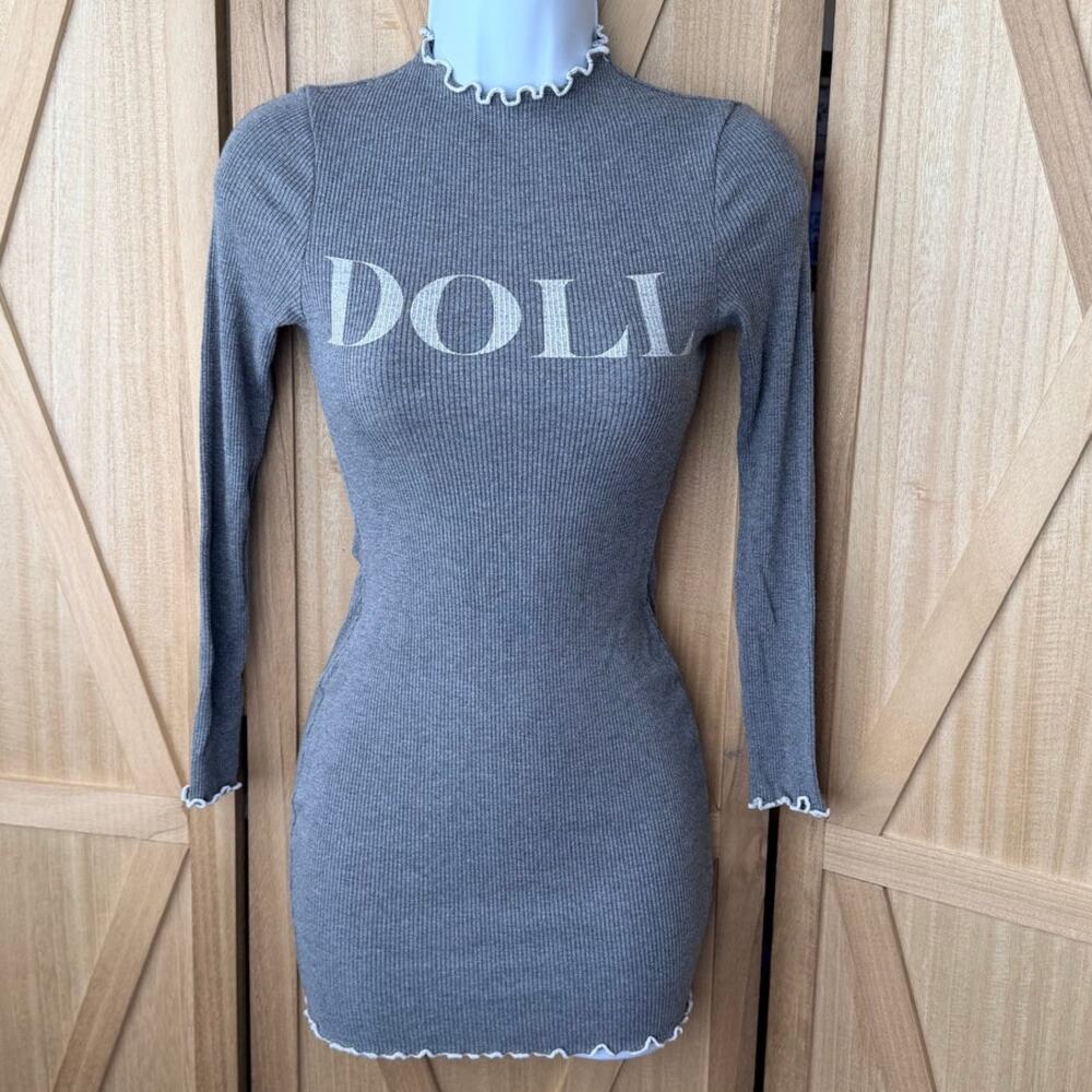 May Pink XS Gray Long Sleeve Bodycon Dress with Ruffle Lettuce Hems Mock Neck